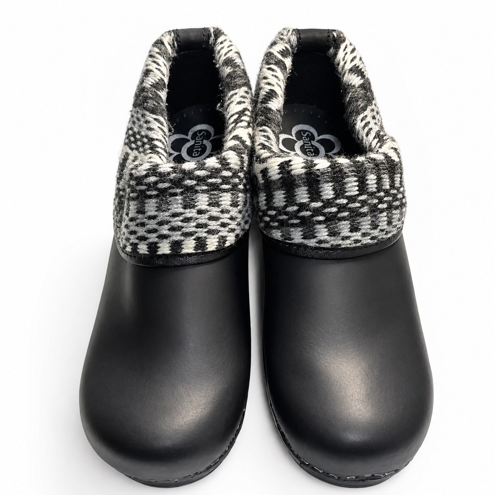 Sanita Professional Knit Collar Clogs Black Leather Wool 38 Womens Shoes